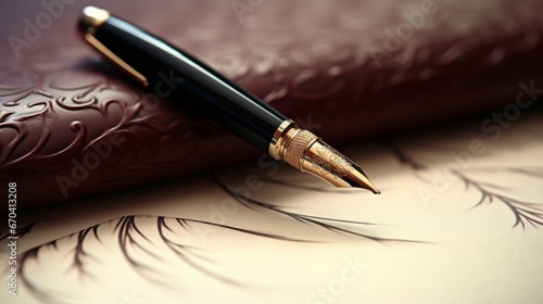 A close-up of an intricately designed fountain pen, its nib touching the first line of a blank page within a leather-bound journal on a pure white surface.