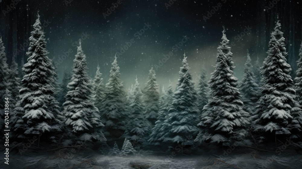 Night dark Forest winter landscape with fir trees on starry sky background. Moody botanical atmosphere illustration. Dreamy wallpaper for Christmas or New Year greetings. Night dark Forest winter landscape with fir trees on starry sky background. Moody botanical atmosphere illustration. Dreamy wallpaper for Christmas or New Year greetings.