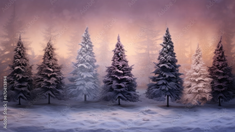 Fototapeta premium Night dark Forest winter landscape with fir trees on starry sky background. Moody botanical atmosphere illustration. Dreamy wallpaper for Christmas or New Year greetings.