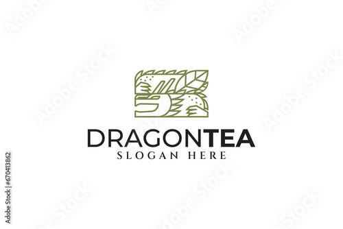 tea leaf with dragon line art style modern logo design template