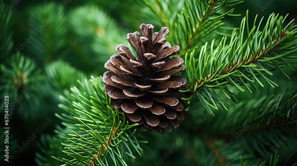 Fir tree branches with cones, Christmas, New year background concept. Texture of pine cones and spruce branches. Christmas tree with cone in forest. Dark moody botanical wallpaper.. - obrazy, fototapety, plakaty 