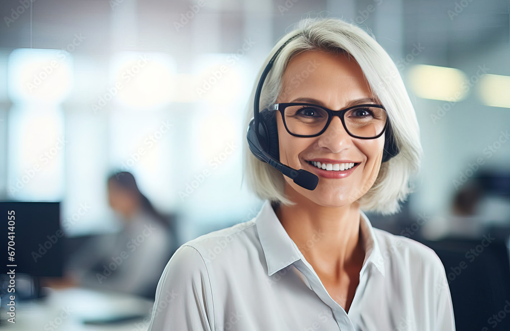 Happy old business woman in headset ready for online conference call, looking at camera. Mature female call center agent operator telemarketer talking consulting customer service support in office. Happy old business woman in headset ready for online conference call, looking at camera. Mature female call center agent operator telemarketer talking consulting customer service support in office.