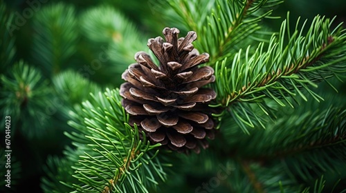 Fir tree branches with cones, Christmas, New year background concept. Texture of pine cones and spruce branches. Christmas tree with cone in forest. Dark moody botanical wallpaper.. photo