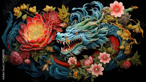 an old style chinese dragon artwork, happy Chinese new year 2024