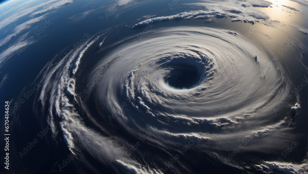 storm, hurricane over the quiet ocean, view from space