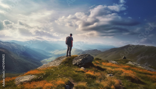 Man with backpack standing on a rock admiring the beautiful landscape view of mountains and cloudy sky. Created with Generative AI technology
