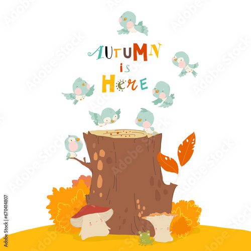 Little Birds sitting on Stump in Autumn Forest