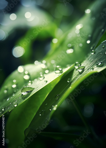 The close up shot of the green plant leaves with fresh droplet water isolated on a dark background. Generative AI.