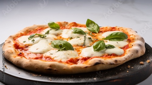 A close-up shot of a steaming Margherita pizza, its melting cheese and fresh basil leaves contrasting against a pristine white background.