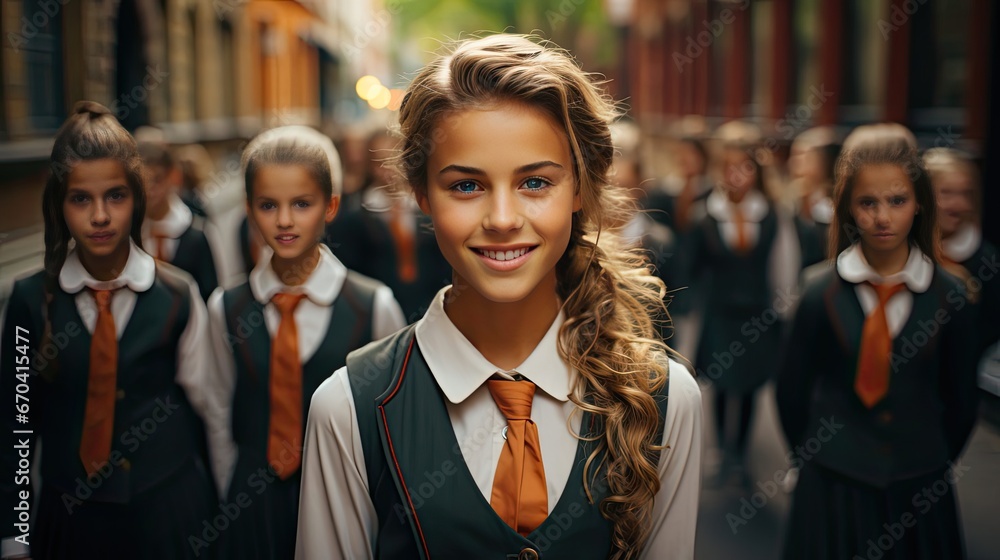 Portrait of smiling school kids standing in circle at school yard with look in camera. People portrait illustration. Generative AI Portrait of smiling school kids standing in circle at school yard with look in camera. People portrait illustration. Generative AI