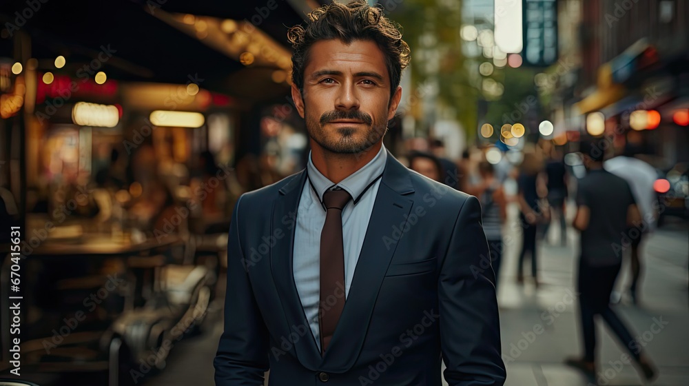 Young hispanic businessman with arms crossed smiling happy at the city. Man portrait illustration. Generative AI Young hispanic businessman with arms crossed smiling happy at the city. Man portrait illustration. Generative AI