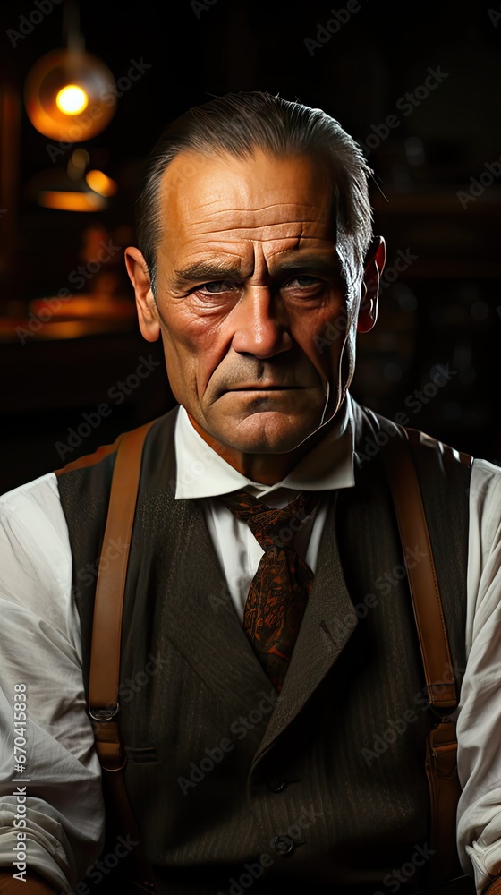 Serious middle-aged man with folded arms and a deadpan expression posing in front of a background Model portrait illustration. Generative AI Serious middle-aged man with folded arms and a deadpan expression posing in front of a background Model portrait illustration. Generative AI