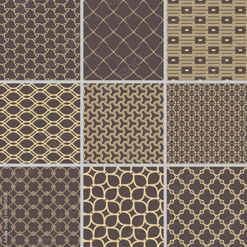 Set of geometric seamless patterns. Collection of golden geometric vector abstract ornament. Set of modern backgrounds with repeating elements