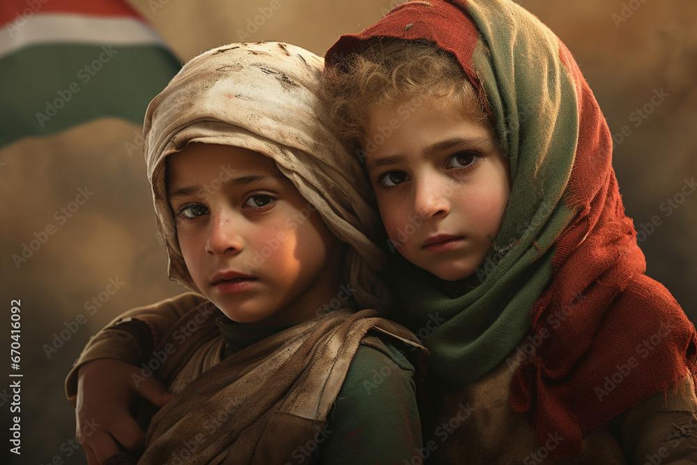 Palastine flag holding injured kids warriors on horses Palastine flag holding injured kids warriors on horses