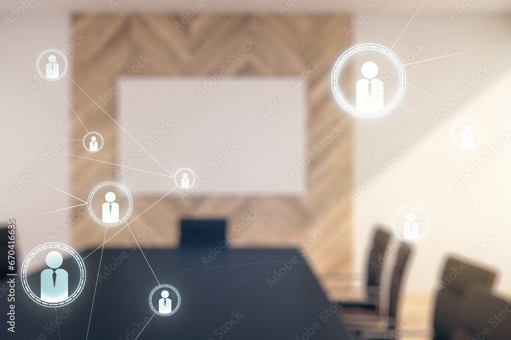 Double exposure of abstract virtual social network icons on a modern meeting room background. Marketing and promotion concept Double exposure of abstract virtual social network icons on a modern meeting room background. Marketing and promotion concept
