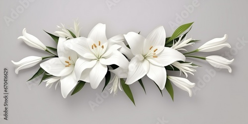 Mournful Banner With White Lily Flowers, Side View Funeral Service White Coffin, Silver Handles, White Flowers