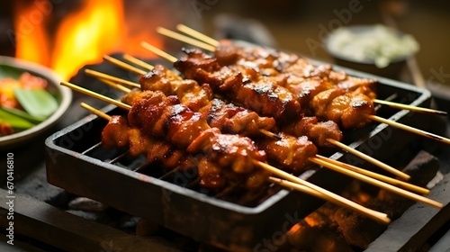 indonesian sate sticks made of chicken on mini presentation grill on restaurant table  delicious traditional food