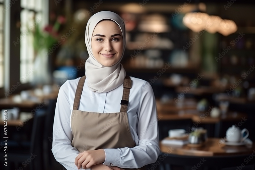 Fototapeta premium Portrait of a smiling muslim female waiter standing in a cafe