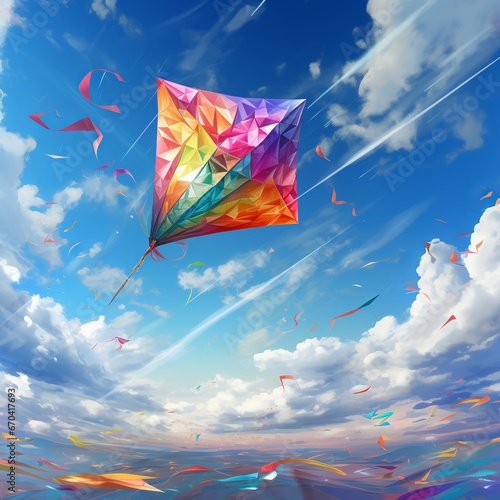 illustration of Colorful kite flying in the blue sky through, Generative ai photo