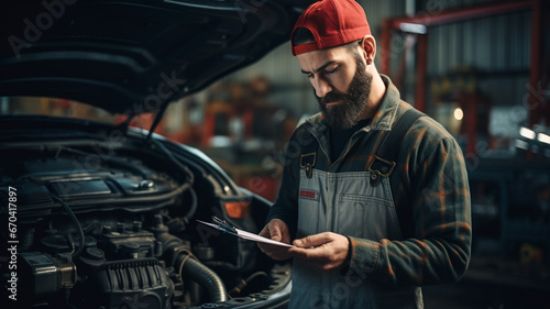 Auto mechanic checking customer's engine