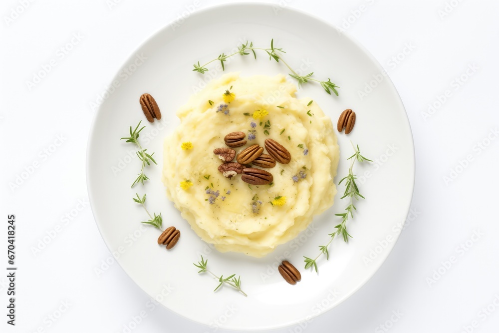Plate Of Mashed Potatoes Adorned With Pecans And Flowers