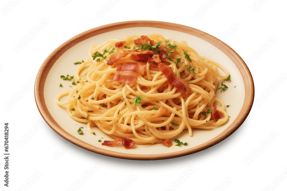 Plate Of Carbonara Pasta With Bacon On White Background Plate Of Carbonara Pasta With Bacon On White Background