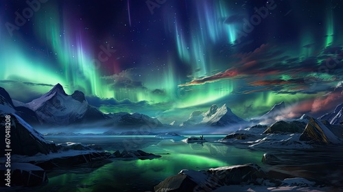 aurora borealis, dramatic skys background , sharp mountain
