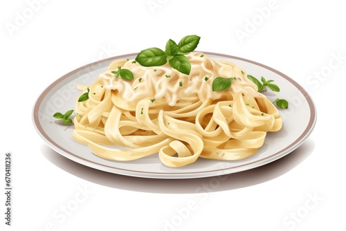 Plate Of Fettuccine Alfredo With Garnish On White Background