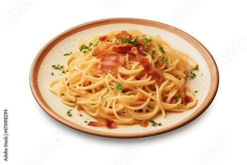 Plate Of Carbonara Pasta With Bacon On White Background