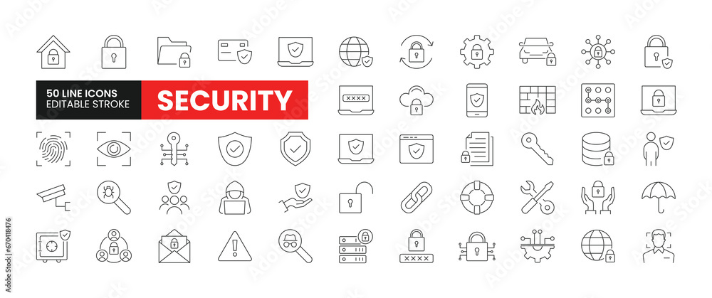 Set of 50 Security line icons set. Security outline icons with editable stroke collection. Includes Fingerprint, Firewall, Cyber Security, Protection, Secure Payment and More. - obrazy, fototapety, plakaty 