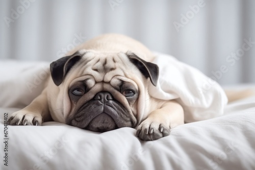 Pug Dog Relaxing In Kingsize Bed