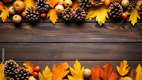 Festive autumn decor from pumpkins, berries and leaves on adark wooden background. Concept of Thanksgiving day or Halloween. Flat lay autumn composition with copy space photo