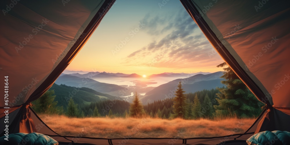 Serene View Of Nature From Inside Tent, Highlighted By Stunning Sunrise Serene View Of Nature From Inside Tent, Highlighted By Stunning Sunrise