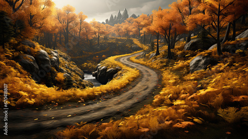 A winding road in the middle of a forest in autumn.