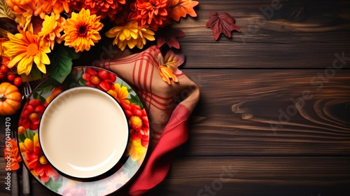 Festive table with autumn decor on wooden background, flat lay