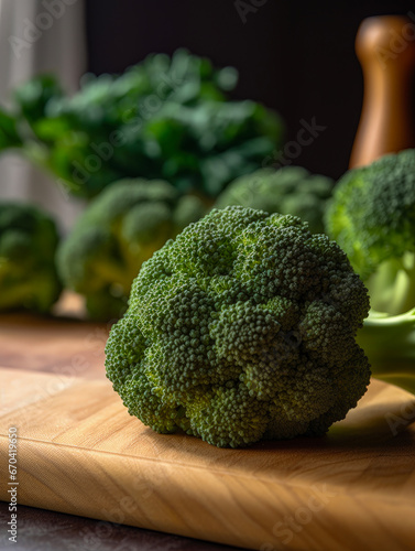 Fresh green broccoli on a dark brown background