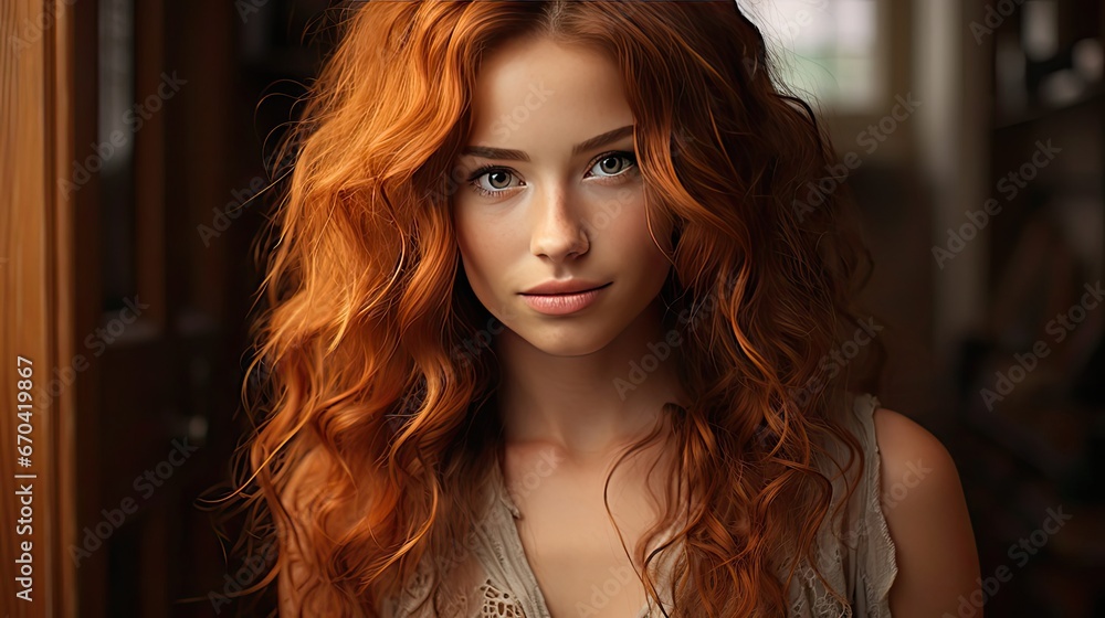Portrait of beautiful redhead girl smiling looking at camera. Model portrait illustration. Generative AI Portrait of beautiful redhead girl smiling looking at camera. Model portrait illustration. Generative AI