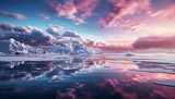 Breathtaking icy landscape under a vibrant pink sky, with pristine reflections on calm waters amid floating glaciers.