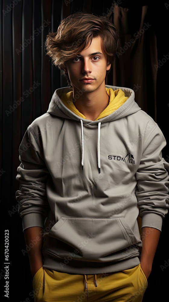 Obraz premium Happy young caucasian boy in casual outfit with arms crossed over background. People portrait illustration. Generative AI