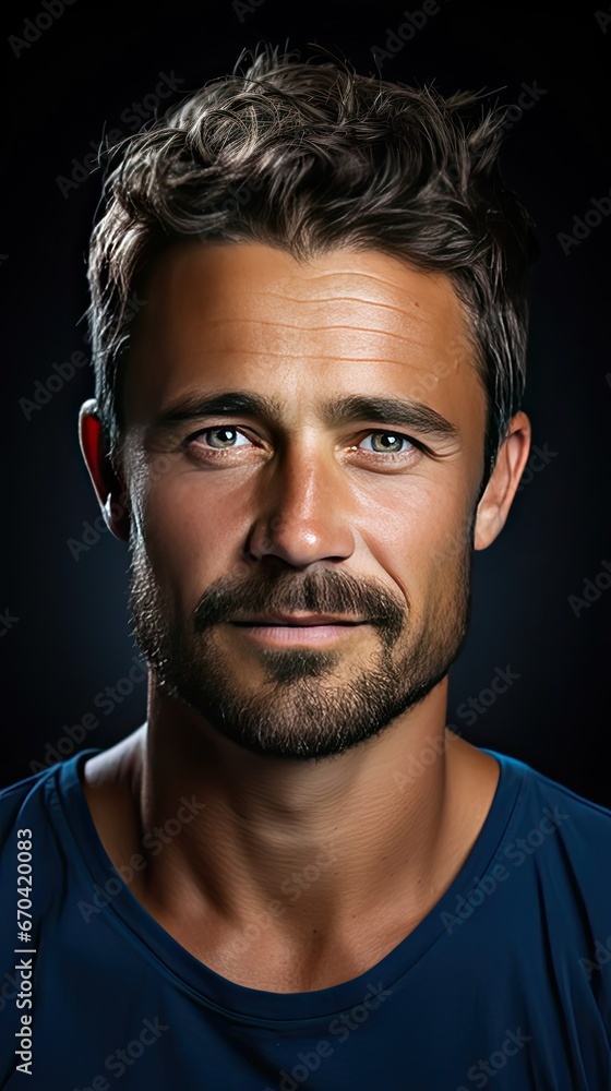 Close up portrait of smiling handsome man in blue t-shirt on background. Man face portrait illustration. Generative AI Close up portrait of smiling handsome man in blue t-shirt on background. Man face portrait illustration. Generative AI