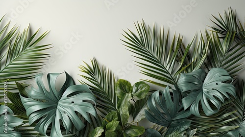 Tropical leaves natural shadow overlay on white texture background  for overlay on product presentation  backdrop and mockup  summer seasonal concept. Background with shadow. Generative AI