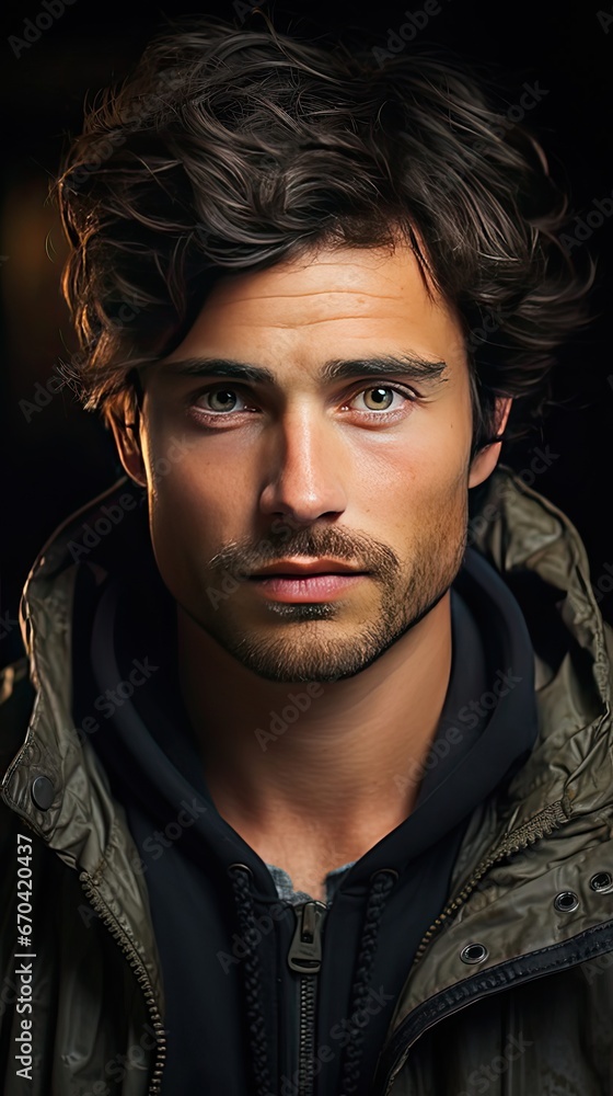 Fototapeta premium Close-up portrait of a young attractive man. Man face portrait illustration. Generative AI