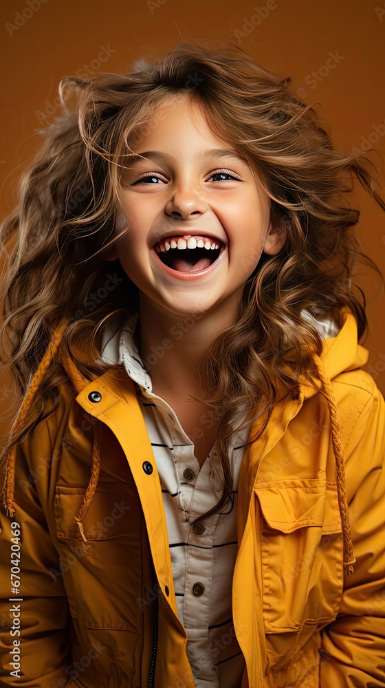 Portrait of young excited shocked crazy smiling girl child kid hold hands on background. People portrait illustration. Generative AI Portrait of young excited shocked crazy smiling girl child kid hold hands on background. People portrait illustration. Generative AI