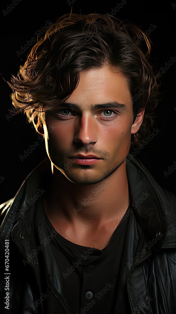 Close up portrait of young mysterious guy with half face in shadow. He is standing on background and expressing thoughtfulness. Man face portrait illustration. Generative AI art Close up portrait of young mysterious guy with half face in shadow. He is standing on background and expressing thoughtfulness. Man face portrait illustration. Generative AI art