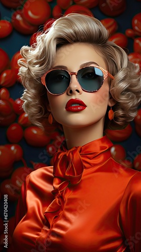 Close-up of a glamorous female model with artistic makeup wearing funky sunglasses. Attractive woman with red lipstick and nailpaint looking away on background. Model illustration. Generative AI photo