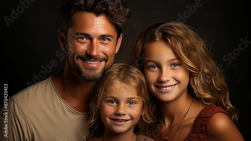 Young happy parents mom dad with child kid daughter teen girl wear basic t-shirts giving piggyback to daughter on background studio portrait. People portrait illustration. Generative AI