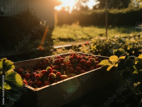 Strawberries being harvested in a home garden golden hour