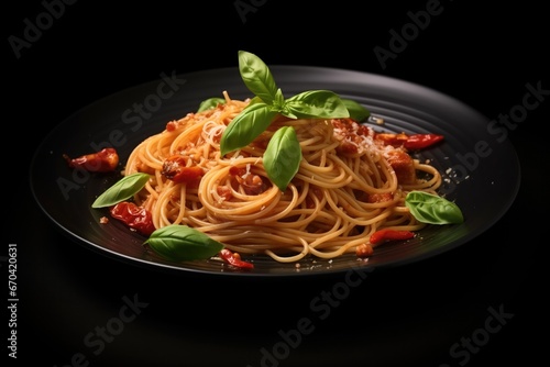 Spaghetti With Tomato Sauce And Herbs On Dark Plate