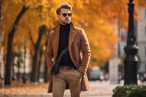 Stylish Man In Autumn Fashion On City Street