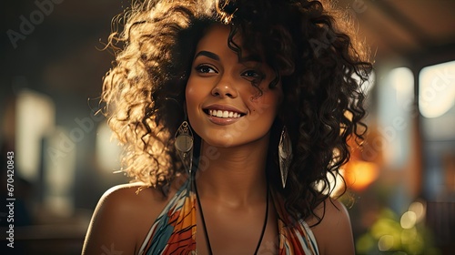 Beautiful black woman smiling and having in studio shot. Smile emotion illustration. Generative AI